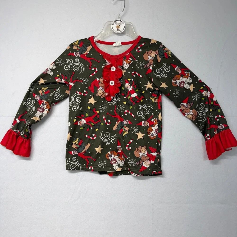 Kids Christmas‎ Elf Pajama Set Long Sleeve Pants Ruffle Red Green 3XL 7-8T